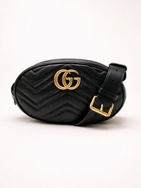 Authentic Gucci GG Marmont Belt Bag Black Leather Gold Logo